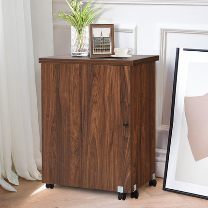Foldable Sewing Table with Wheels and Storage, Brown