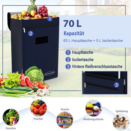 Faltbarer Einkaufstrolley, 70L Abnehmbare Tasche, Aluminium