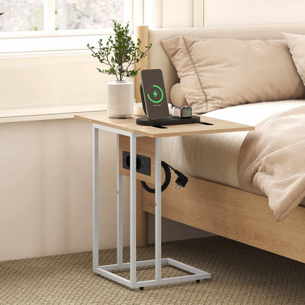 Foldable Side Table with USB Charging Ports, Metal, 39x29x57 cm