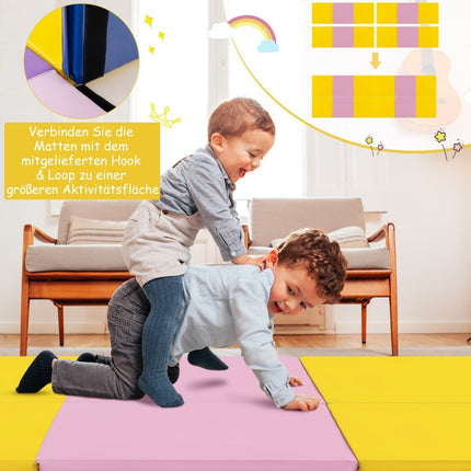 Skládací měkká podložka na zem se 2 držadly, protiskluzová gymnastická žíněnka 180 x 60 x 5 cm růžová + žlutá
