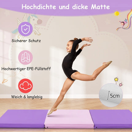 Opvouwbare zachte vloermat met 2 handgrepen antislip gymnastiekmat 180 x 60 x 5 cm paars + roze