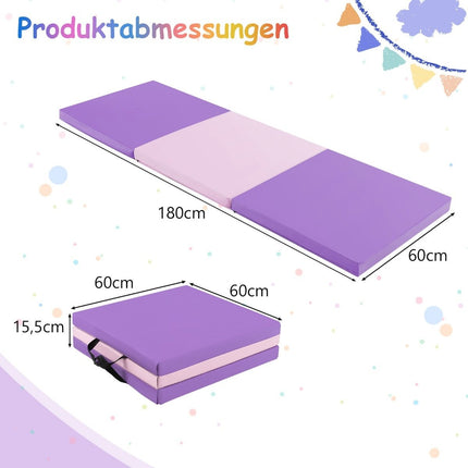 Opvouwbare zachte vloermat met 2 handgrepen antislip gymnastiekmat 180 x 60 x 5 cm paars + roze