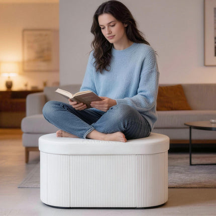 Foldable Storage Bench with Velvet Look, Cream, 76x38x35 cm