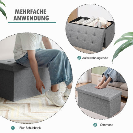 Foldable Storage Ottoman Bench with Padded Seat, Light Grey