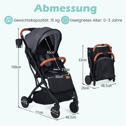 Faltbarer Kinderwagen mit Regenschutz, verstellbarer Rückenlehne und Fußstütze, Grau