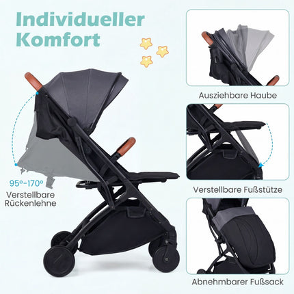 Faltbarer Kinderwagen mit Regenschutz, verstellbarer Rückenlehne und Fußstütze, Grau