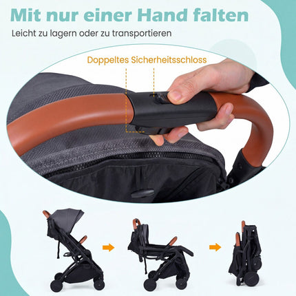 Faltbarer Kinderwagen mit Regenschutz, verstellbarer Rückenlehne und Fußstütze, Grau