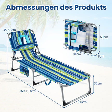 Klappbare Sonnenliege mit Gesichts- und Armöffnungen, verstellbarer Rückenlehne