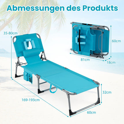 Foldable Sun Lounger with Face & Arm Holes, Adjustable Backrest, Turquoise