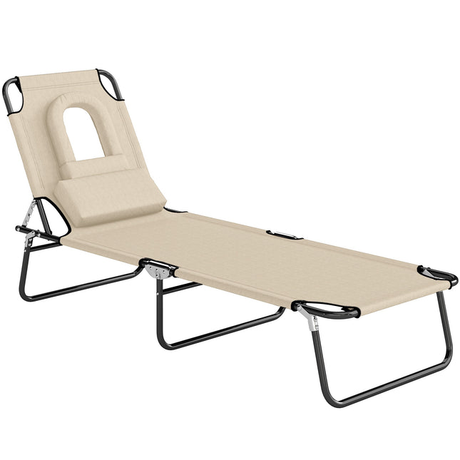 Klappbare Sonnenliege mit Gesichtsausschnitt, Stahlrahmen, Beige