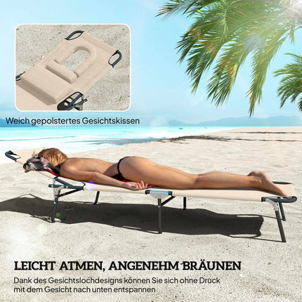 Klappbare Sonnenliege mit Gesichtsausschnitt, Stahlrahmen, Beige