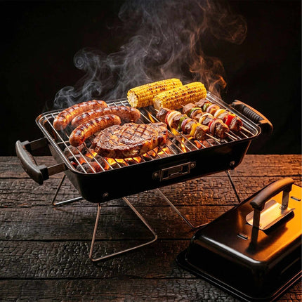 Foldable Tabletop Grill with Lid – Black, 36x56x30.5 cm
