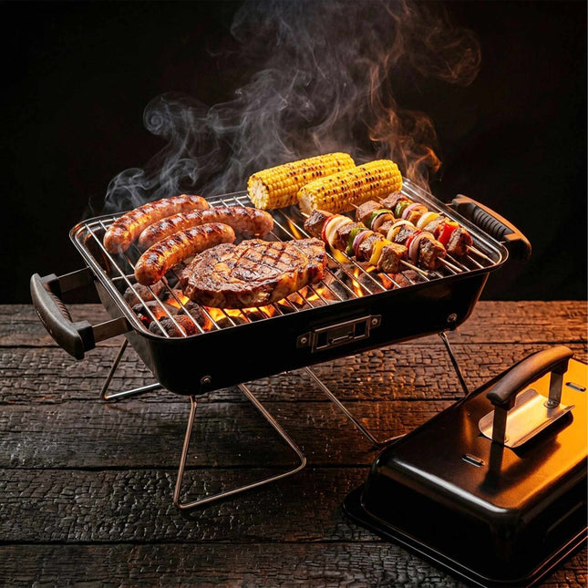 Klappbarer Tischgrill mit Deckel – Schwarz, 36x56x30,5 cm