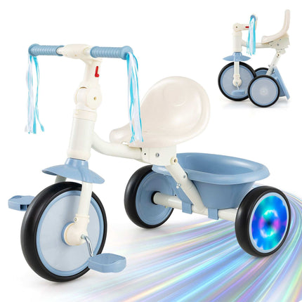 Foldable Toddler Tricycle with Light-Up Wheels for Ages 2-5, Blue, Rear Basket