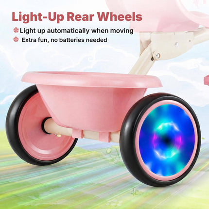 Foldable Toddler Tricycle with Light-Up Wheels for Ages 2-5, Pink, Rear Basket