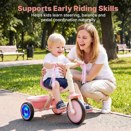 Foldable Toddler Tricycle with Light-Up Wheels for Ages 2-5, Pink, Rear Basket