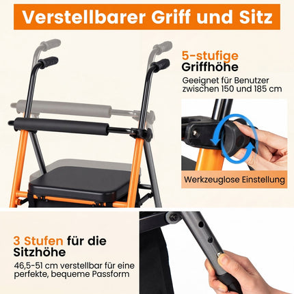 Foldable Travel Rollator, Adjustable Height, Orange, 136 kg Capacity