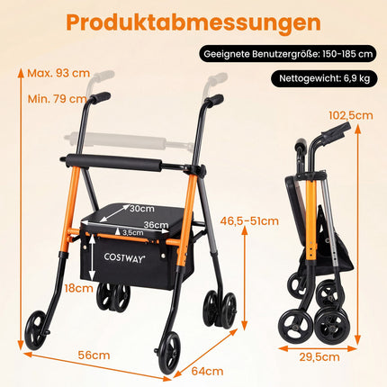 Foldable Travel Rollator, Adjustable Height, Orange, 136 kg Capacity