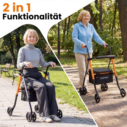 Foldable Travel Rollator, Adjustable Height, Orange, 136 kg Capacity