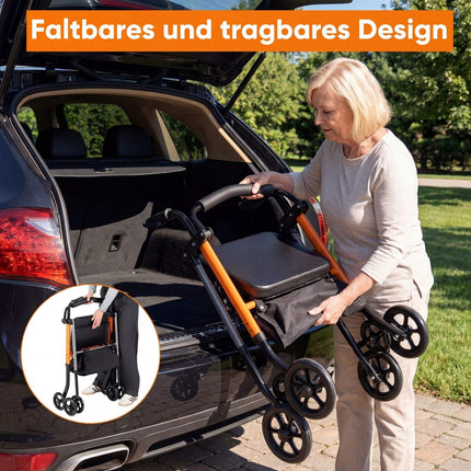 Foldable Travel Rollator, Adjustable Height, Orange, 136 kg Capacity