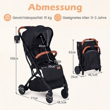 Foldable Travel Stroller with Rain Cover, Adjustable Recline
