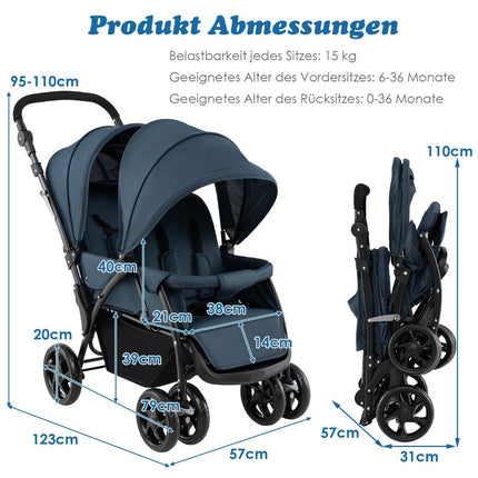 Faltbarer Zwillingskinderwagen, verstellbare Rückenlehne, 30 kg Tragkraft