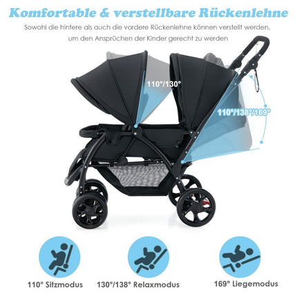 Foldable Twin Stroller with Adjustable Backrest, Black