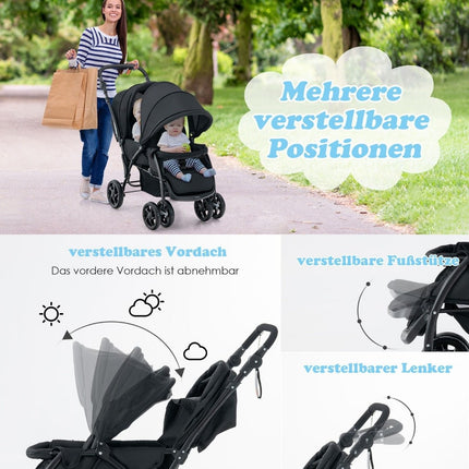 Foldable Twin Stroller with Adjustable Backrest, Black
