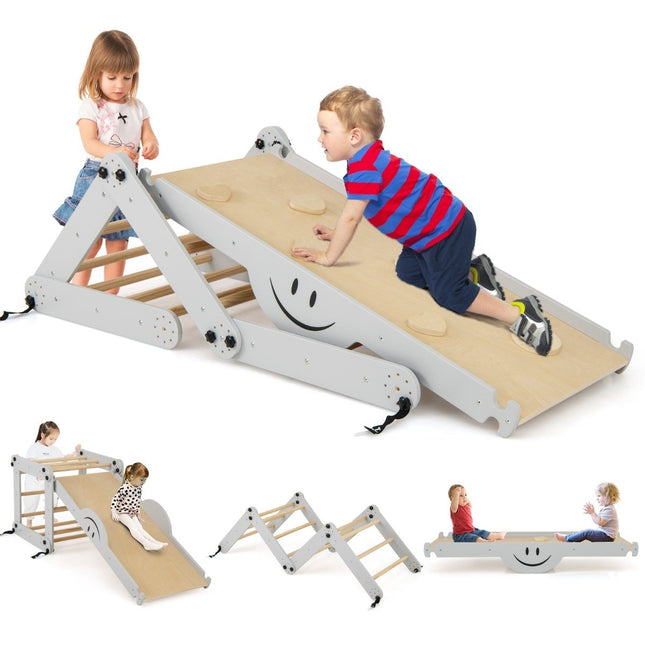 Faltbares Kletterspielzeug aus Holz mit verstellbarer und umkehrbarer Rampe Montessori-Kletterset Grau