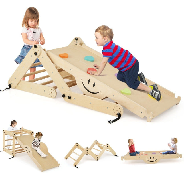 Faltbares Kletterspielzeug aus Holz mit verstellbarer und umkehrbarer Rampe Montessori-Kletterset Natur