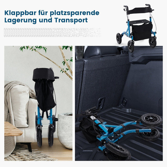 Faltbarer und leichter Rollator mit Aluminiumsitz bis 136 kg, Reise-Rollator blau