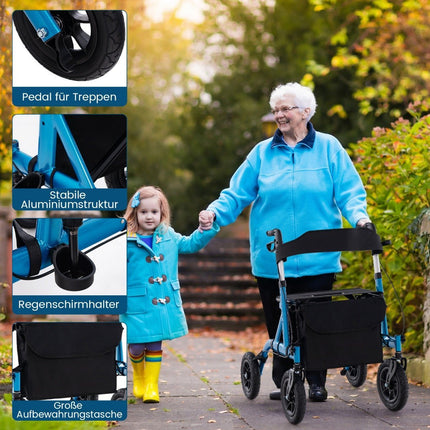 Déambulateur pliable et léger avec siège en aluminium jusqu'à 160 kg Fauteuil roulant 2 en 1 et déambulateur de voyage bleu