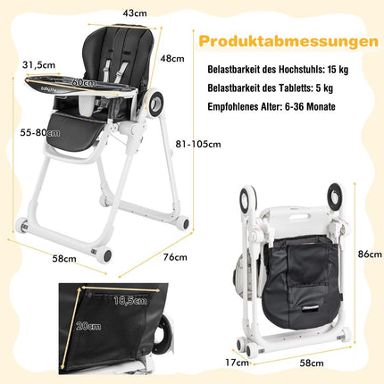 Klappbarer Babyhochstuhl mit 6-fach Höhenverstellung &amp; abnehmbaren Doppeltabletts schwarz