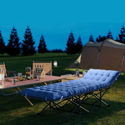 Opvouwbaar campingbedje, campingbedje met matras, kussen, zijvak, 190 x 65 x 37 cm, campingligstoel voor volwassenen, logeerbed tot 150 kg, opklapbed voor buiten, tuin, camping, reizen, donkerblauw