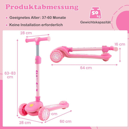 Trottinette pliable pour enfants avec roues LED en PU et frein arrière, trottinette réglable en hauteur, rose