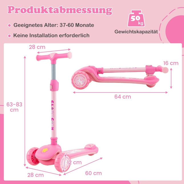 Foldable children's scooter with PU LED wheels and rear brake, height-adjustable scooter, pink