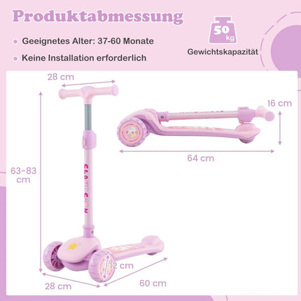 Faltbarer Kinderroller mit PU-LED-Rädern und Hinterradbremse, höhenverstellbarer Roller, Pink