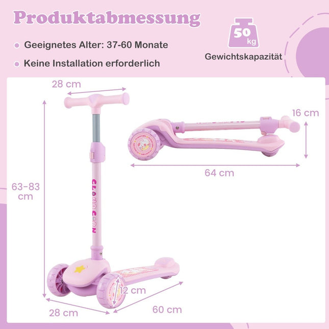 Foldable children's scooter with PU LED wheels and rear brake, height-adjustable scooter, pink