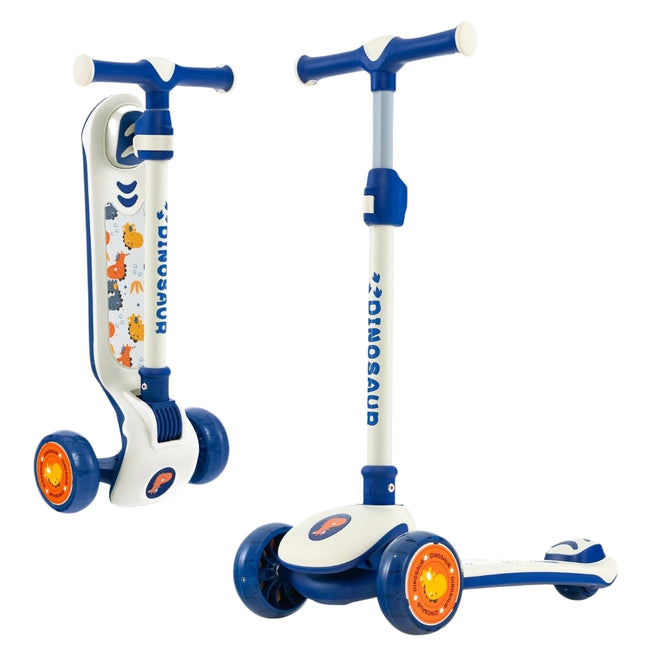 Foldable children's scooter with PU LED wheels and rear brake, height-adjustable scooter, white