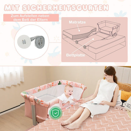 Foldable co-sleeping bed with 4 adjustable heights & retractable feet & carry bag