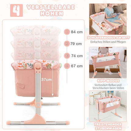 Foldable co-sleeping bed with 4 adjustable heights & retractable feet & carry bag