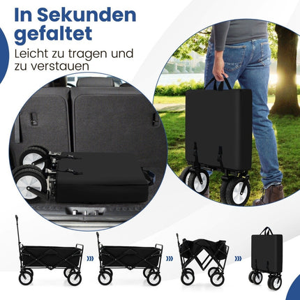 Chariot pliable avec poignée réglable et porte-gobelets pouvant supporter jusqu'à 68 kg pour les courses, le camping, noir