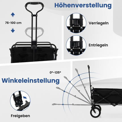 Chariot pliable avec poignée réglable et porte-gobelets pouvant supporter jusqu'à 68 kg pour les courses, le camping, noir