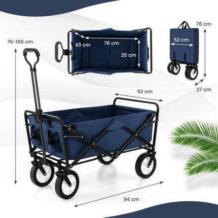 Faltbarer Bollerwagen mit verstellbarem Griff und Getränkehaltern belastbar bis 68 kg zum Einkaufen, Camping, Marineblau