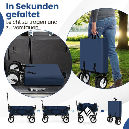 Faltbarer Bollerwagen mit verstellbarem Griff und Getränkehaltern belastbar bis 68 kg zum Einkaufen, Camping, Marineblau