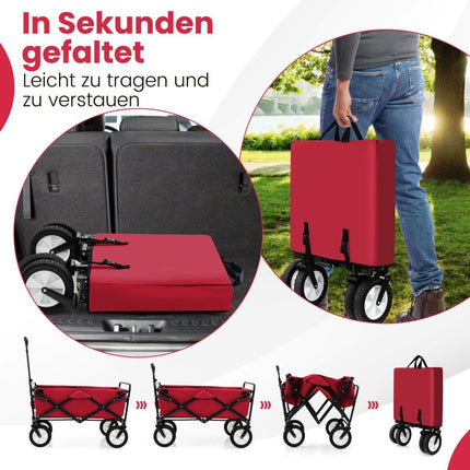 Foldable handcart with adjustable handle and cup holders can hold up to 68 kg for shopping, camping, red