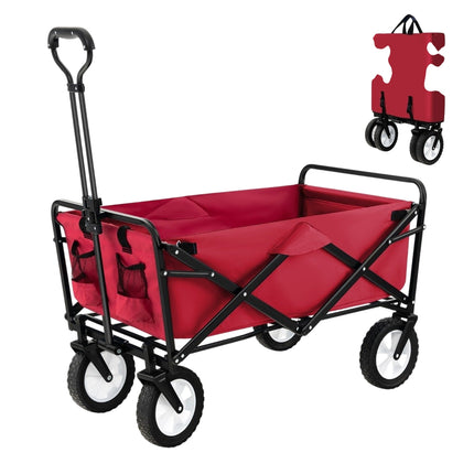 Foldable handcart with adjustable handle and cup holders can hold up to 68 kg for shopping, camping, red
