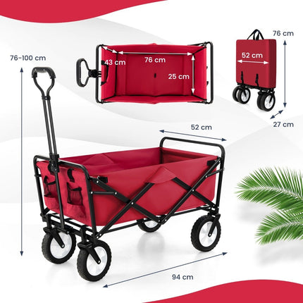 Foldable handcart with adjustable handle and cup holders can hold up to 68 kg for shopping, camping, red