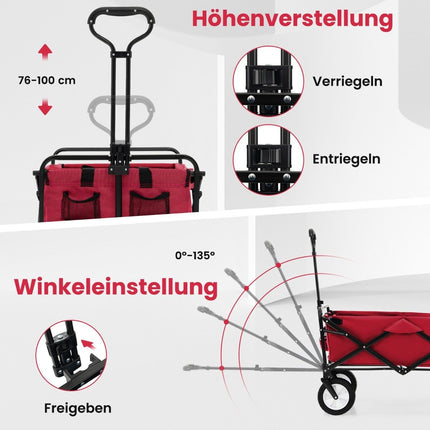 Foldable handcart with adjustable handle and cup holders can hold up to 68 kg for shopping, camping, red