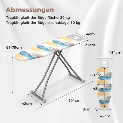 Foldable ironing board with iron rest &amp; 7 Adjustable height ironing board load capacity up to 30kg Blue and yellow L